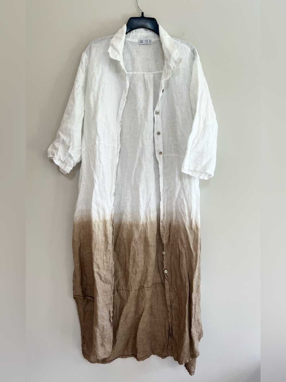Italian 100% Linen Long 3/4 Sleeve White Brown Ombre Button-Down Shirt Dress, L - Picture 2 of 9